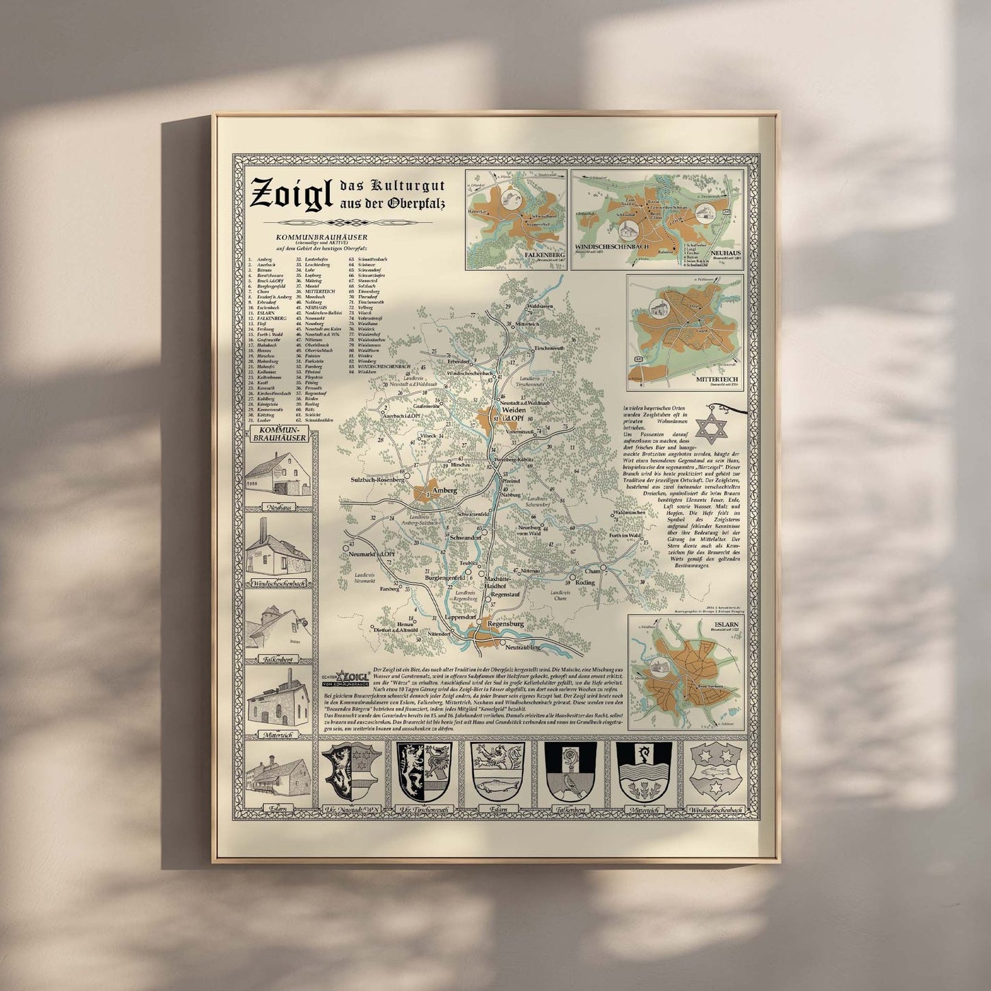 Die gerahmte Zoigl Karte zeigt die Kommunbrauhäuser der Oberpfalz mit vielen handgezeichneten Details
