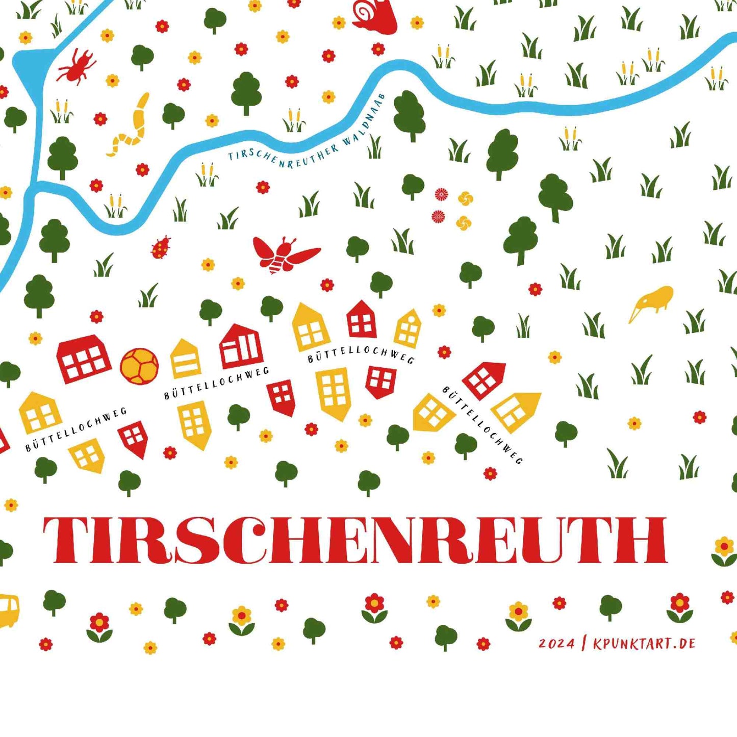 Detailaufnahme von einer bunten illustrierten Karte von Tirschenreuth mit der Tirschenreuther Waldnaab