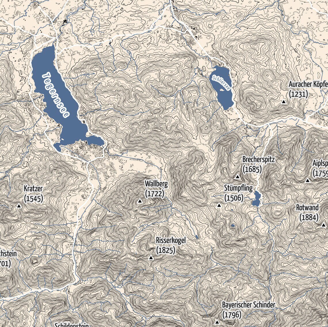 Detail der Mangfallgebirge Karte mit Tegernsee und Schliersee