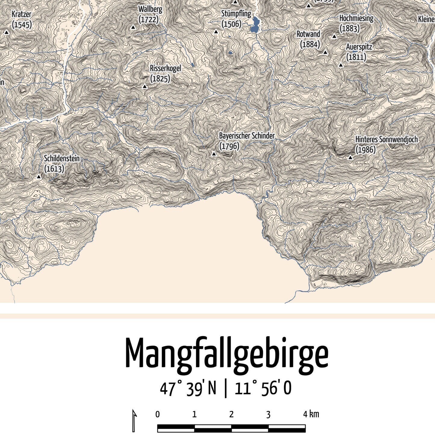 Detailaufnahmer der Mangfallgebirge Karte mit Höhenlinien