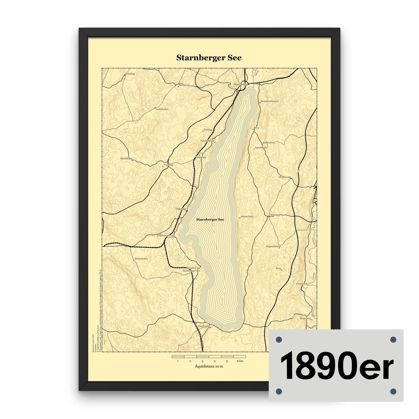 Starnberger See Landkarte im Stil der 1890er mit gelbem Hintergrund, braunen Höhenlinien, Schwarzen Strassen und blauen zarten Gewässern.