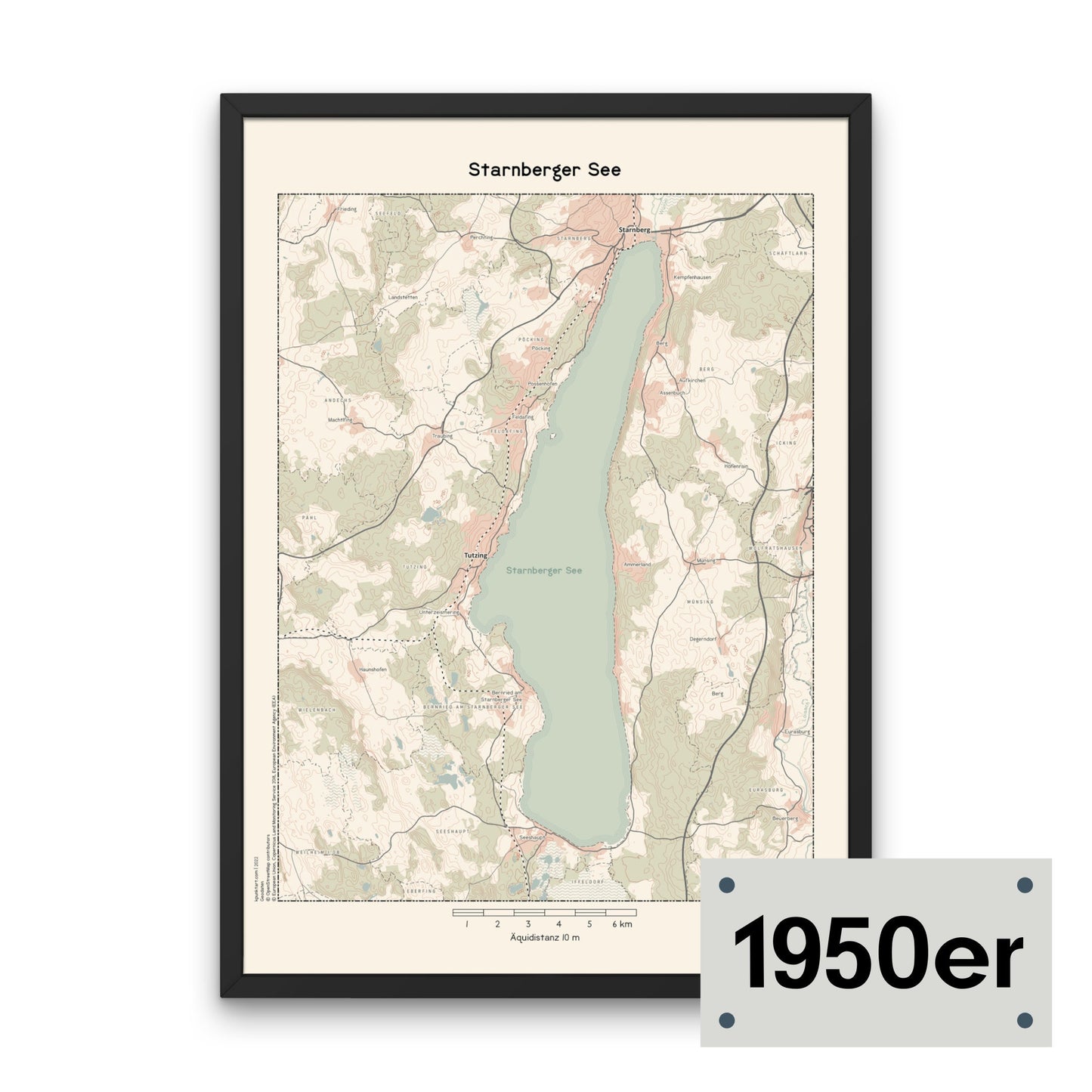 Starnberger See Landkarte im Stil der 1950er mit hellem Hintergrund gruenen Wäldern, zart rötlichen Siedlungen, schwarzen Strassen und hellblauen Gewässern.
