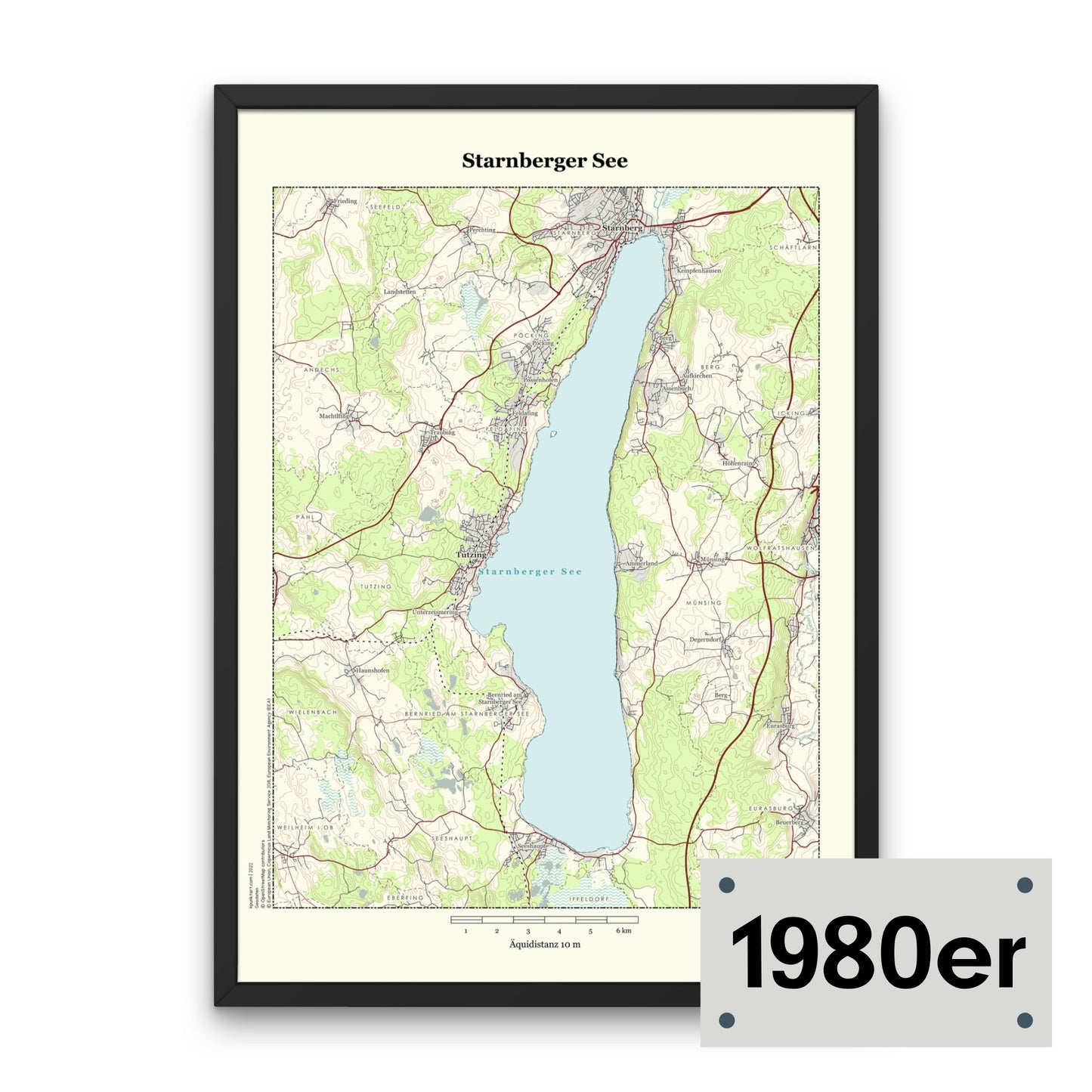 Starnberger See Landkarte im Vintage-Stil der 1980er. Kräftige, farbige Symbole auf hellem Hintergrund.