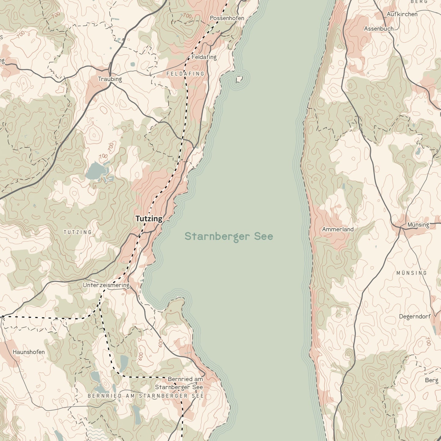 Detailaufnahme der Starnberger See Landkarte im Stil der 1950er. Der Ausschnitt deckt den Bereich zwischen Possenhofen und Bernried am Starnberger See ab.