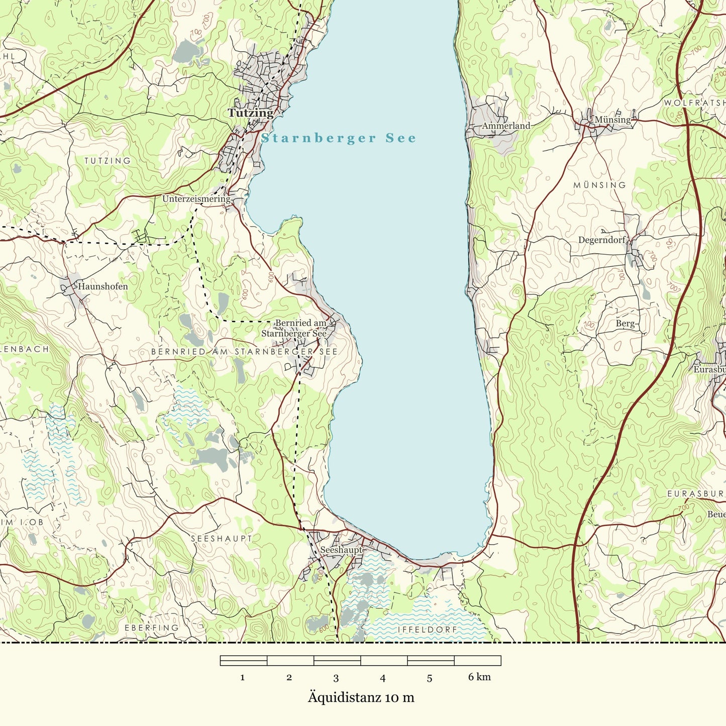 Detailansicht der Starnberger See Landkarte im Stil der 1980er. Abgebildet ist der untere Teil der Karte mit Kartenrahmen und Angaben zu Äquidistanz und Massstab.