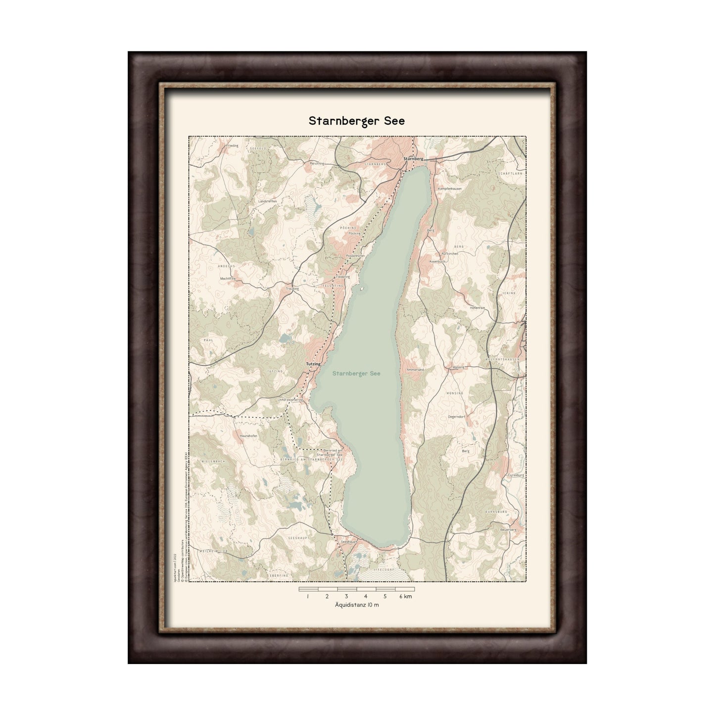 Starnberger See Landkarte im Vintage-Stil gerahmt in einem braunen Holzrahmen.