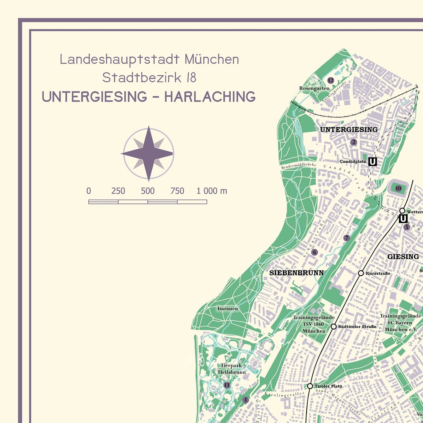 Detailansicht der Untergiesing Karte mit Titel und Nordpfeil