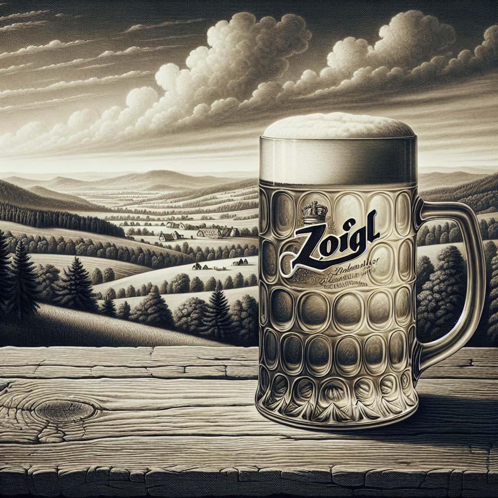 Zoigl-Bier in der Oberpfalz auf einem Holztisch vor einer gezeichneten Landschaft