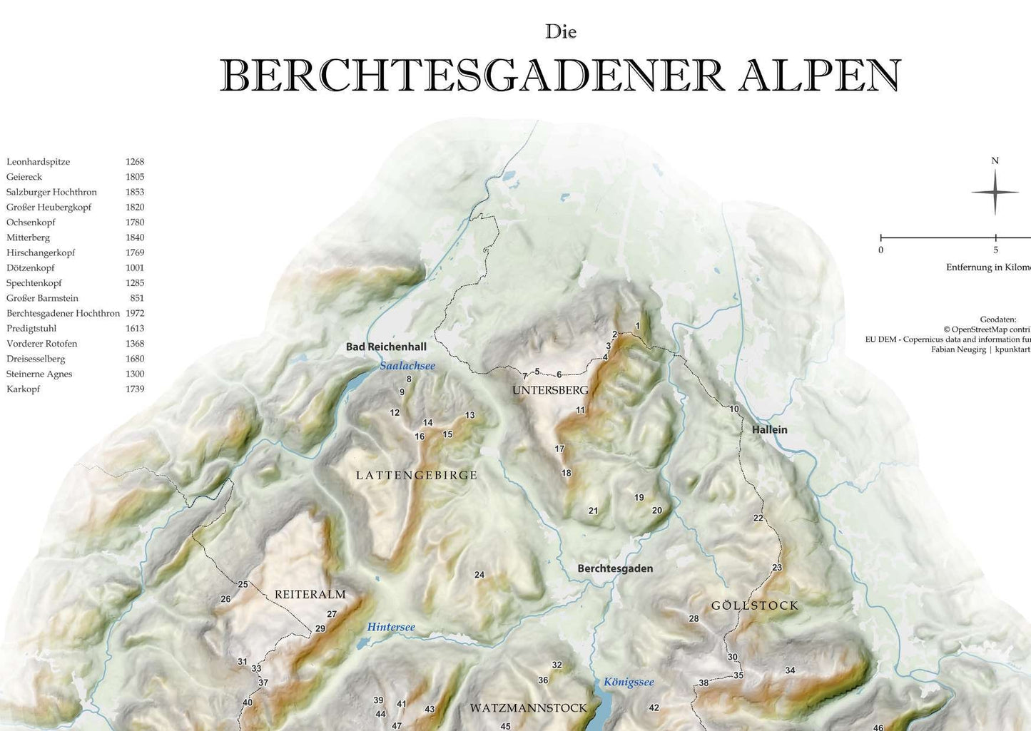 Eine Detailaufnahme der Karte Berchtesgadener Alpen mit Titel, einigen aufgelisteten Gipfeln, Masstsabsleiste und Nordpfeil.