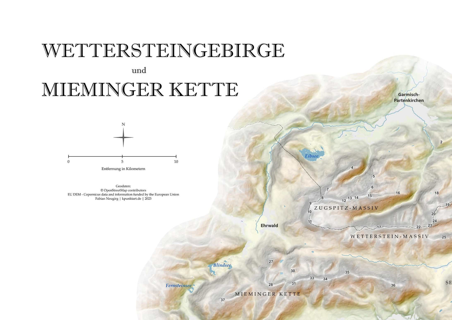 Wetterstein und Mieminger Kette Relief Karte 40 x 50 cm