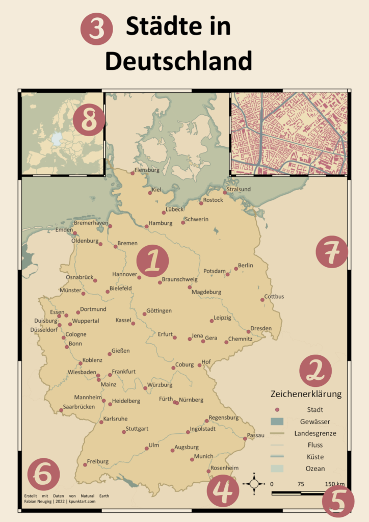 Kart mit deutschen Städten und darauf markiert sind die acht wichtigsten Bestandteile einer Karte