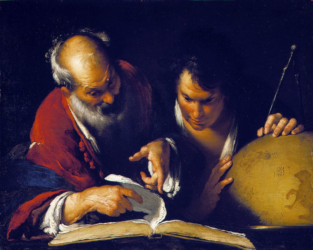 Eratosthenes und ein Schüler lesen in einem Buch neben einem Globus