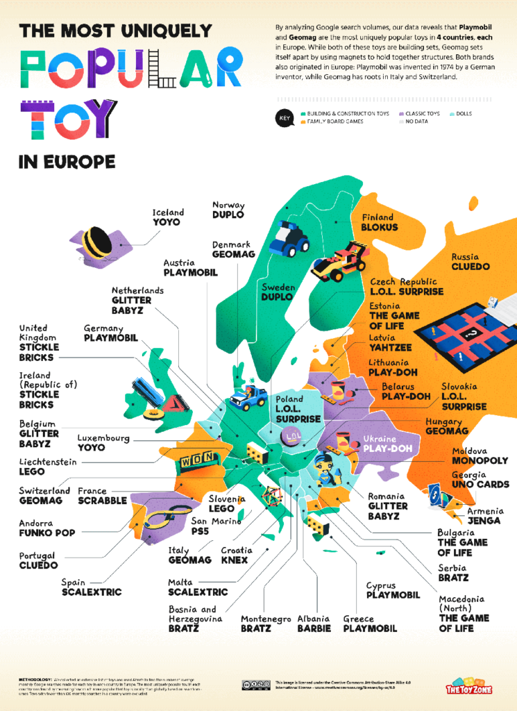 Eine Europakarte, die für jedes Land Europas die beliebtesten Spielsachen ausweist.