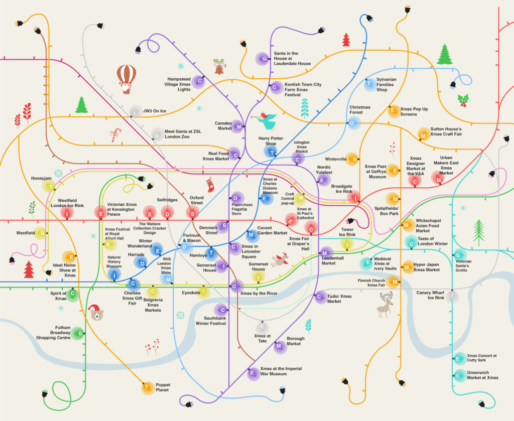 Eine Karte im Stil der London Tube präsentiert weihnachtliche Veranstaltungen in London. 